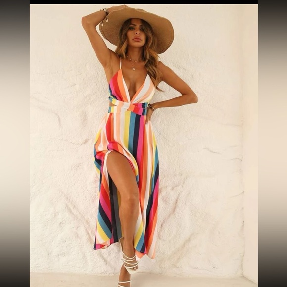 💛💕NWOT Vertical Striped Crisscross Tie Backless Split Thigh Cami Dress SZ S💛 - Picture 3 of 9